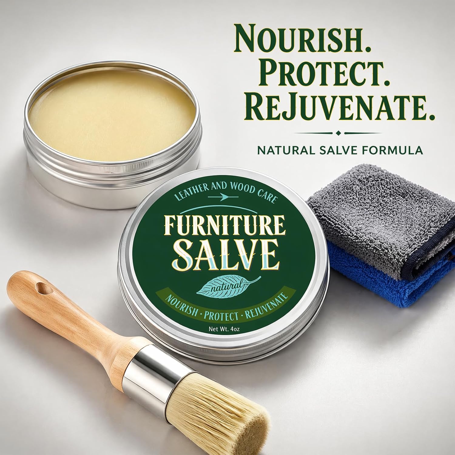 Furniture Salve for Leather, Polisher, Moisturizer and Restorer for Leather & Wood - Conditioner for Couches, Furniture, 4oz