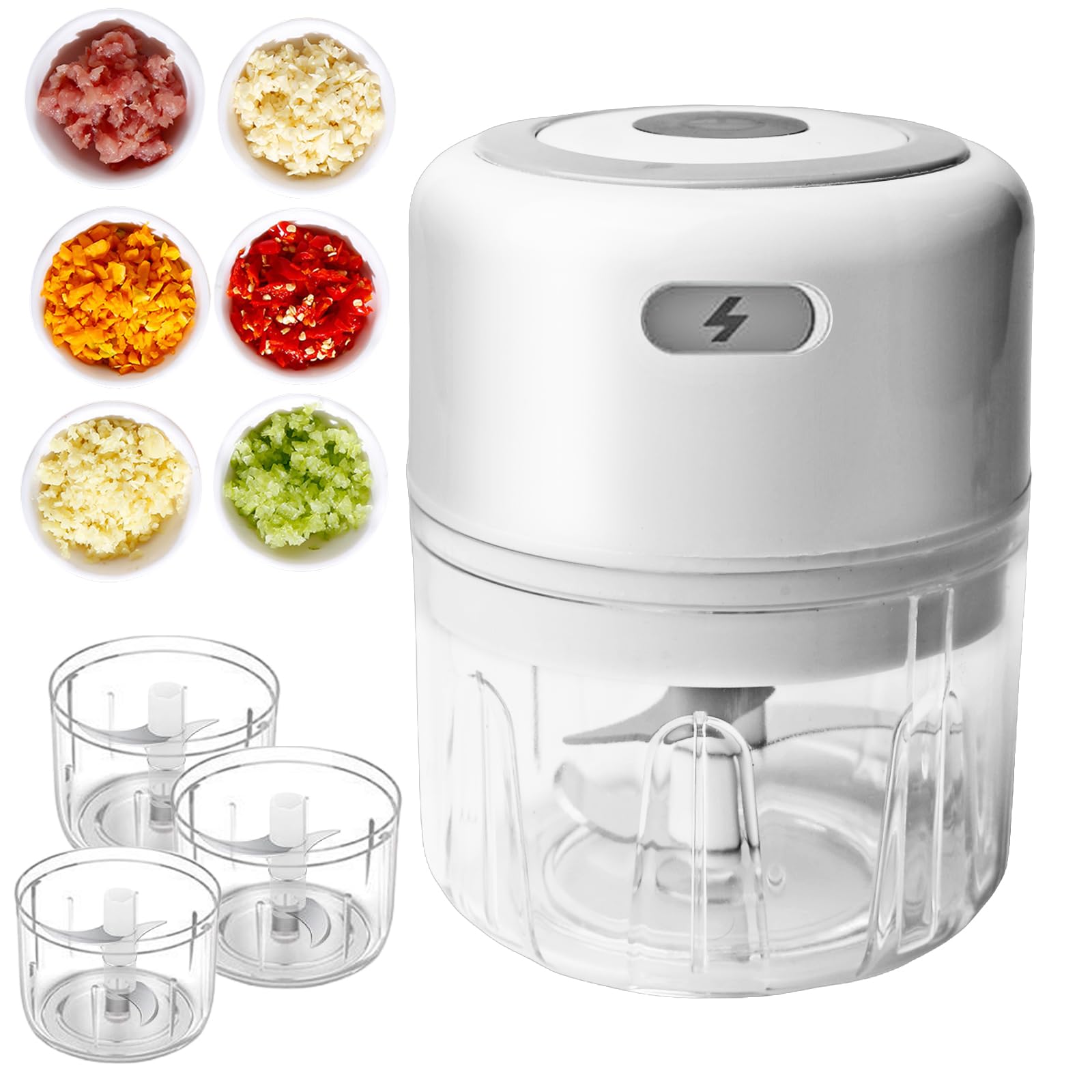 SPORWAY Hachoir à oignons électrique : hachoir à oignons USB rechargeable avec 3 gobelets mélangeurs 100/250/350 ml, hachoir à ail Onion Chopper Food Cutter pour viande, oignons, fruits, WMY-WDPH224