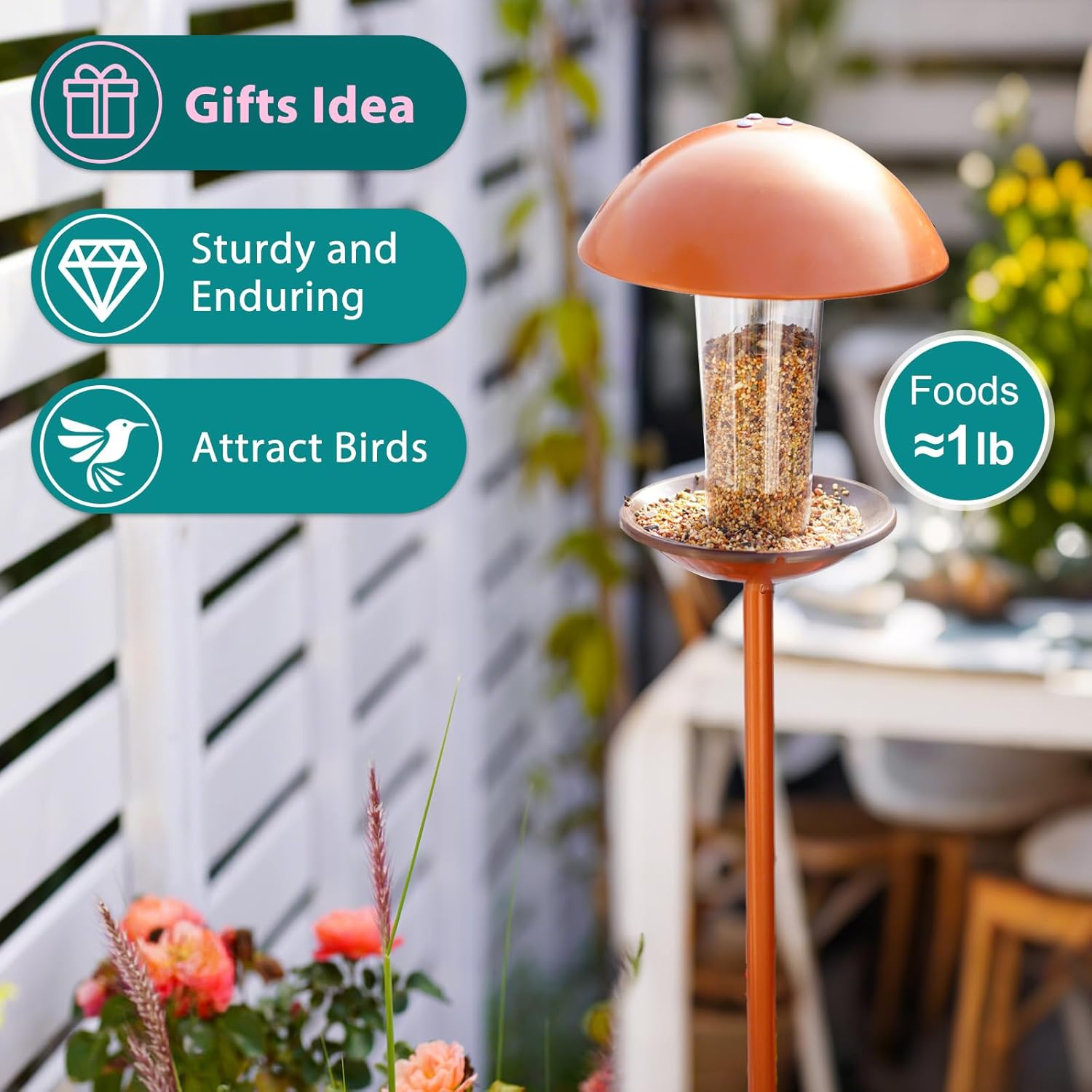 Goodeco Bird Feeder with Pole Standing - Metal Outdoor Bird Feeder for Wild Small Birds, Perfect for Yard Lawn Garden & Patio Decorations, Ideal Gifts for Mom Dad Grandparents (Round)