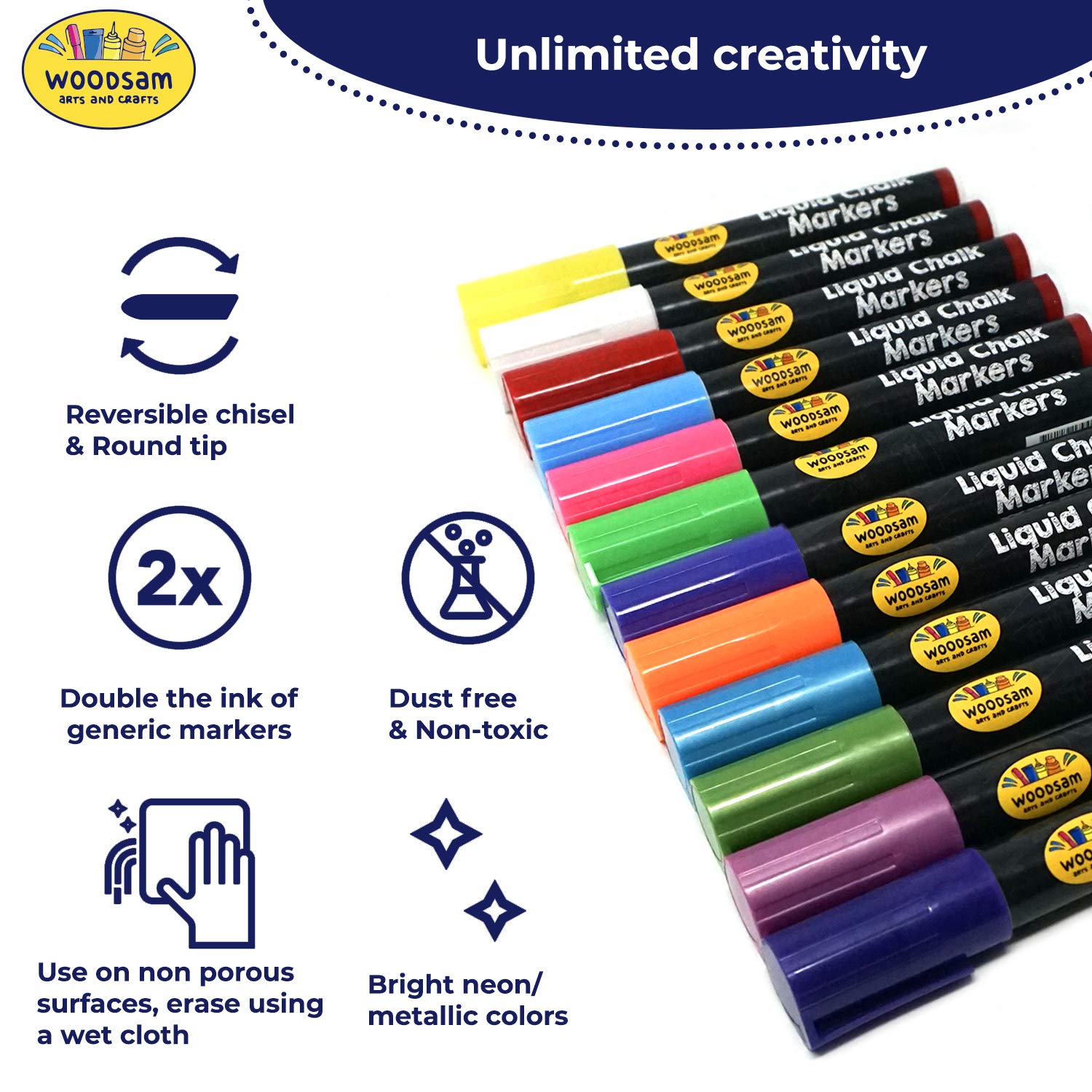 Woodsam 12 Ct Liquid Chalk Markers with 8 Neon, Bold and 4 Metallic