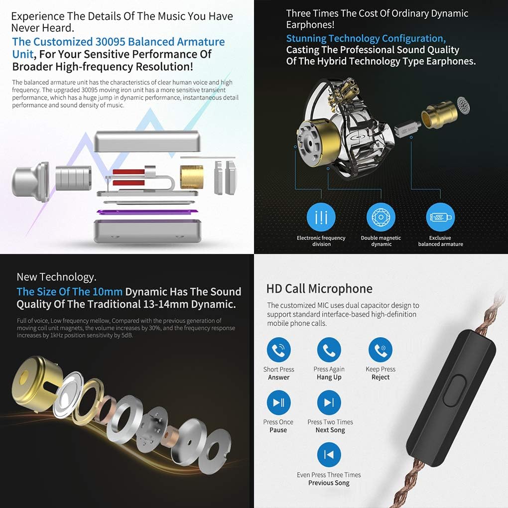 Flash Sale Buy 1 get 1 Andiker KZ ZSN-C Pro Quad Driver Earphones DD+BA High Resolution Hybrid Driver Electronic Crossover Headset, Detachable Cable Heavy Bass Earbuds Profeesional Earphones with Storage Box(Mic, Grey)