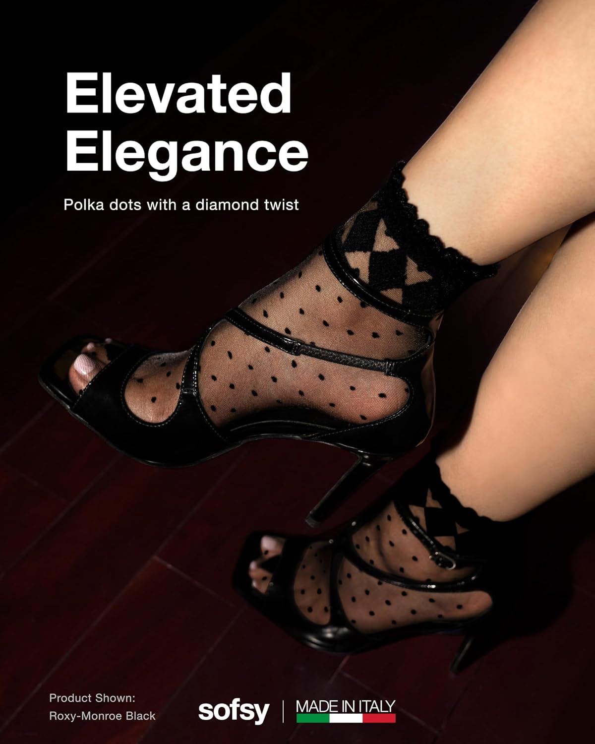 sofsy Italian Dotted Socks Collection (Ankle & Knee High) 20 Den Sheer Patterned Stockings with Ruffled Lace, Geometric Cuffs