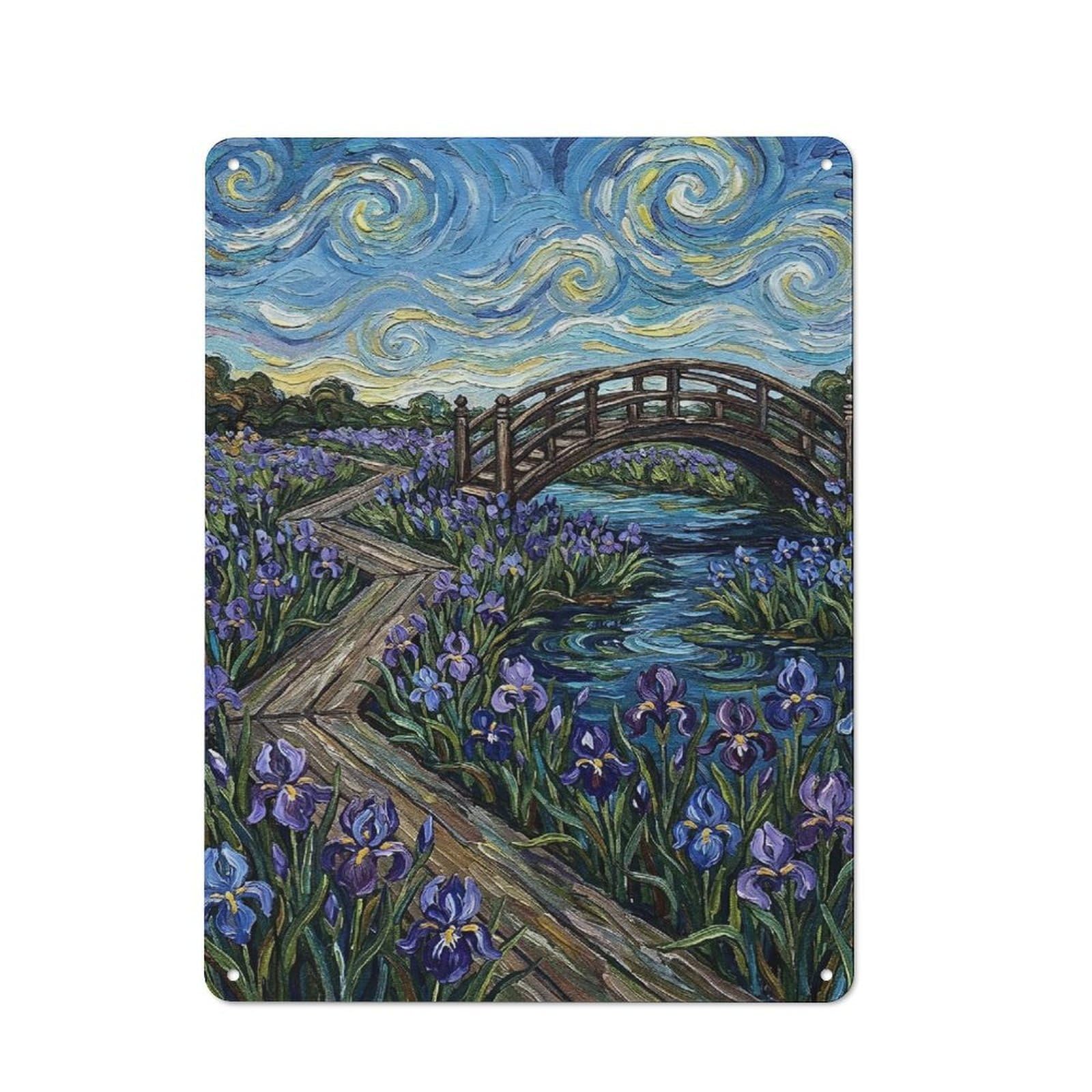 Junmoney Style-21 Bridge Over Irises In Starry Sky Printed Metal Sign 40X30cm For Garage Wall, For Collectors Of Vintage Metal Wall Decor
