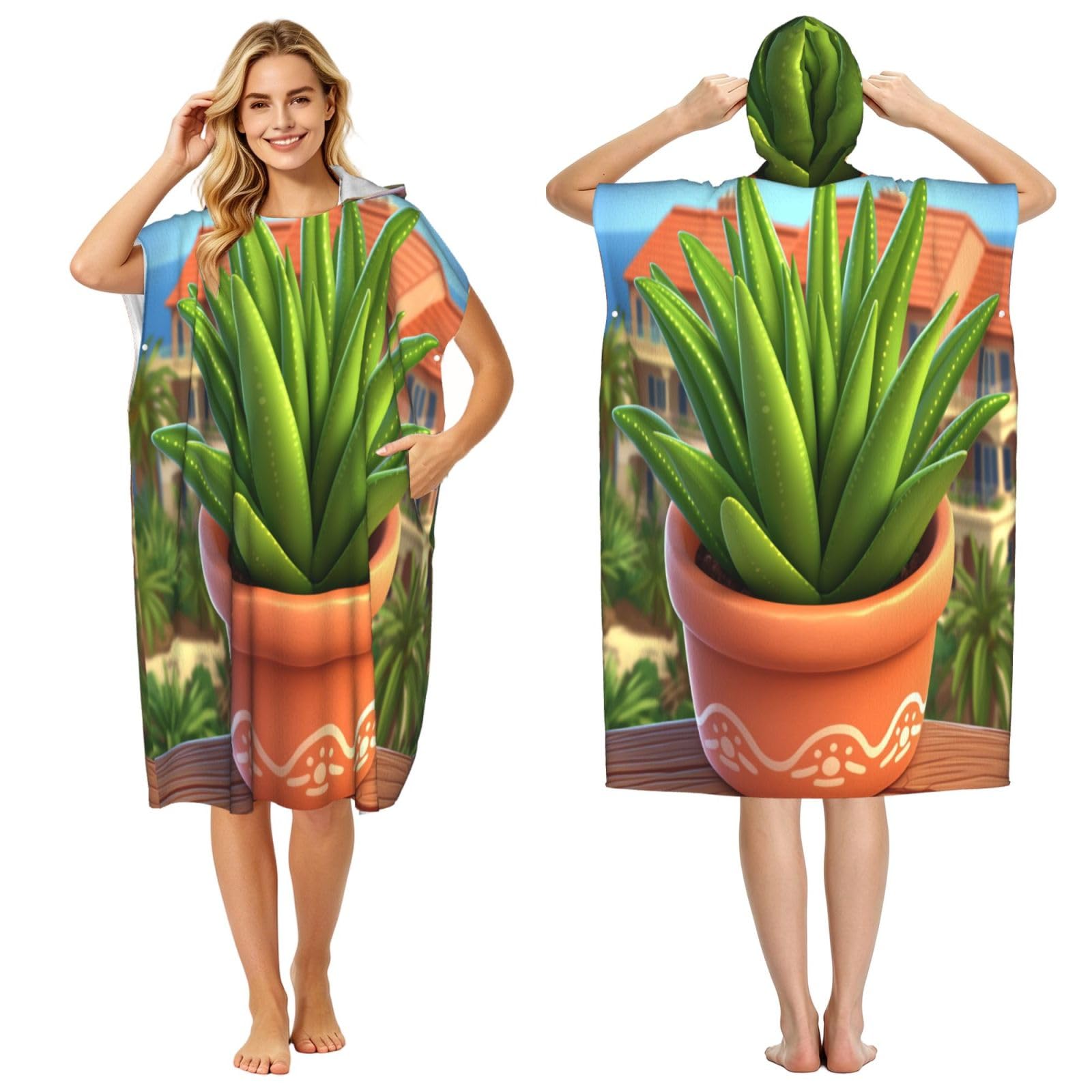 DTHKJNLSF Cartoon Potted Plant Adult Hooded Beach Poncho Towel