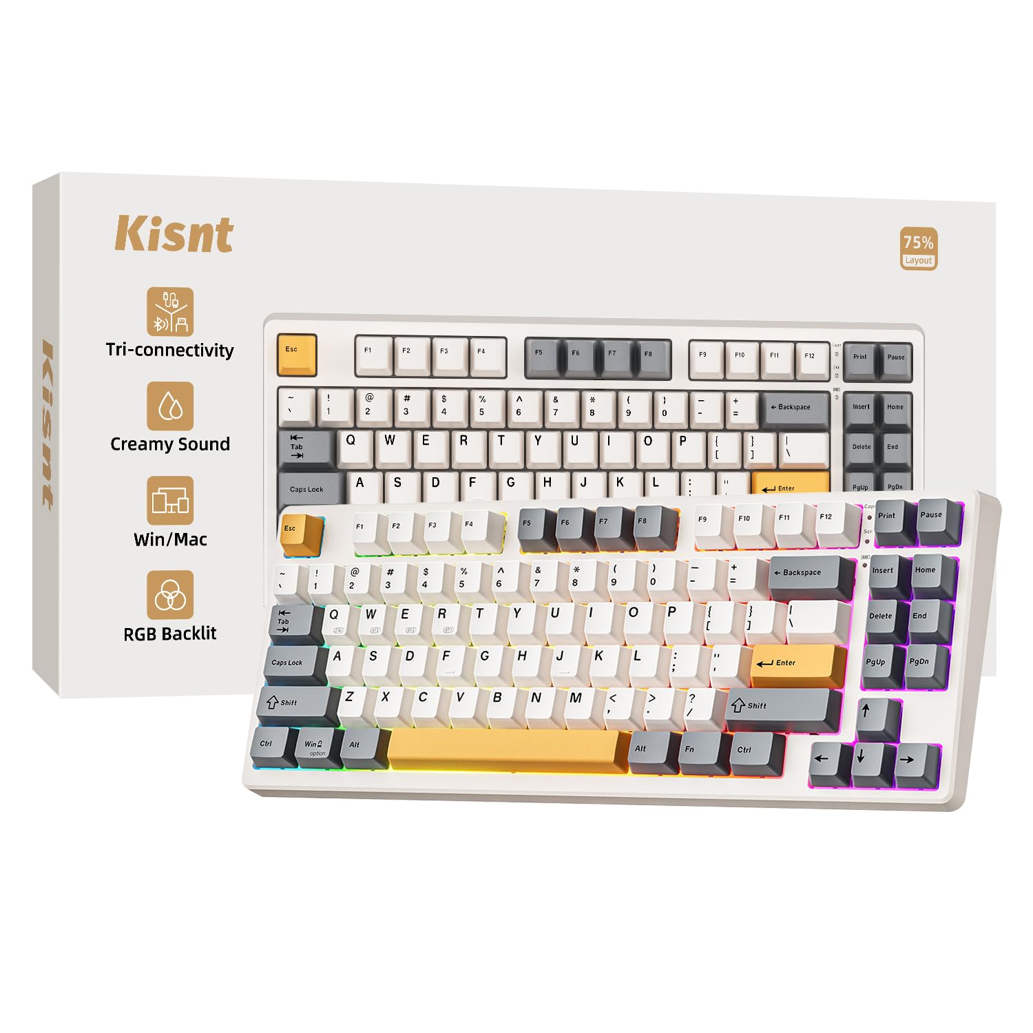 Kisnt Wireless Mechanical Keyboard, Creamy Sound Board, Gaming Keyboard with Bluetooth/2.4GHz/USB-C, 75% 85 Keys, Customized Hot Swappable Compact Keyboard for Win/Mac