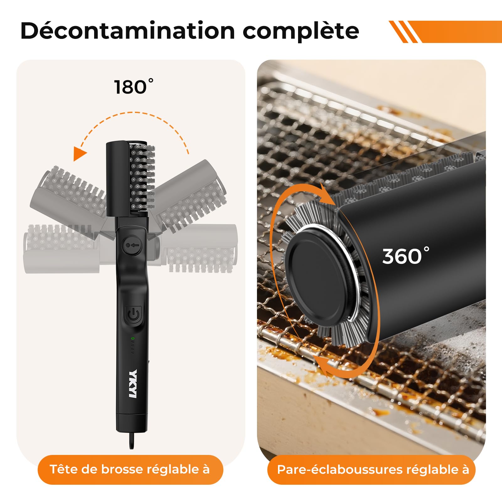 YKYI Brosse Barbecue Électrique sans Fil, Rechargeable, IPX7 | Têtes acier/tissu amovibles, angle 180° 7 positions, 90 min, protection 360°, pour barbecue extérieur et camping