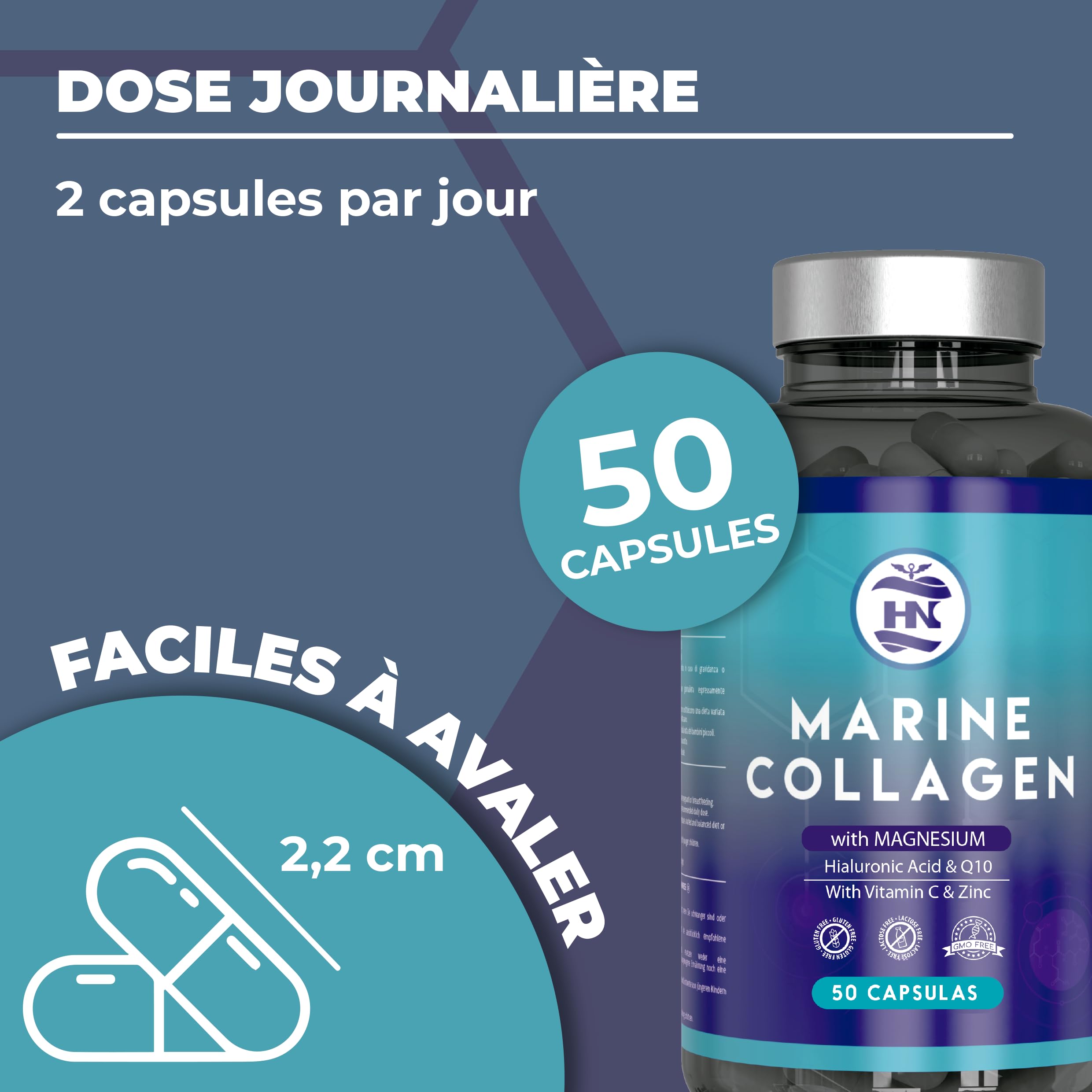 Collagène Marin Hydrolysé Pur avec Acide Hyaluronique, Vitamine C, Coenzyme Q10 et Zinc, Marine Collagen, Collagène Marin avec Acide Hyaluronique (50 gélules x 5 pots)