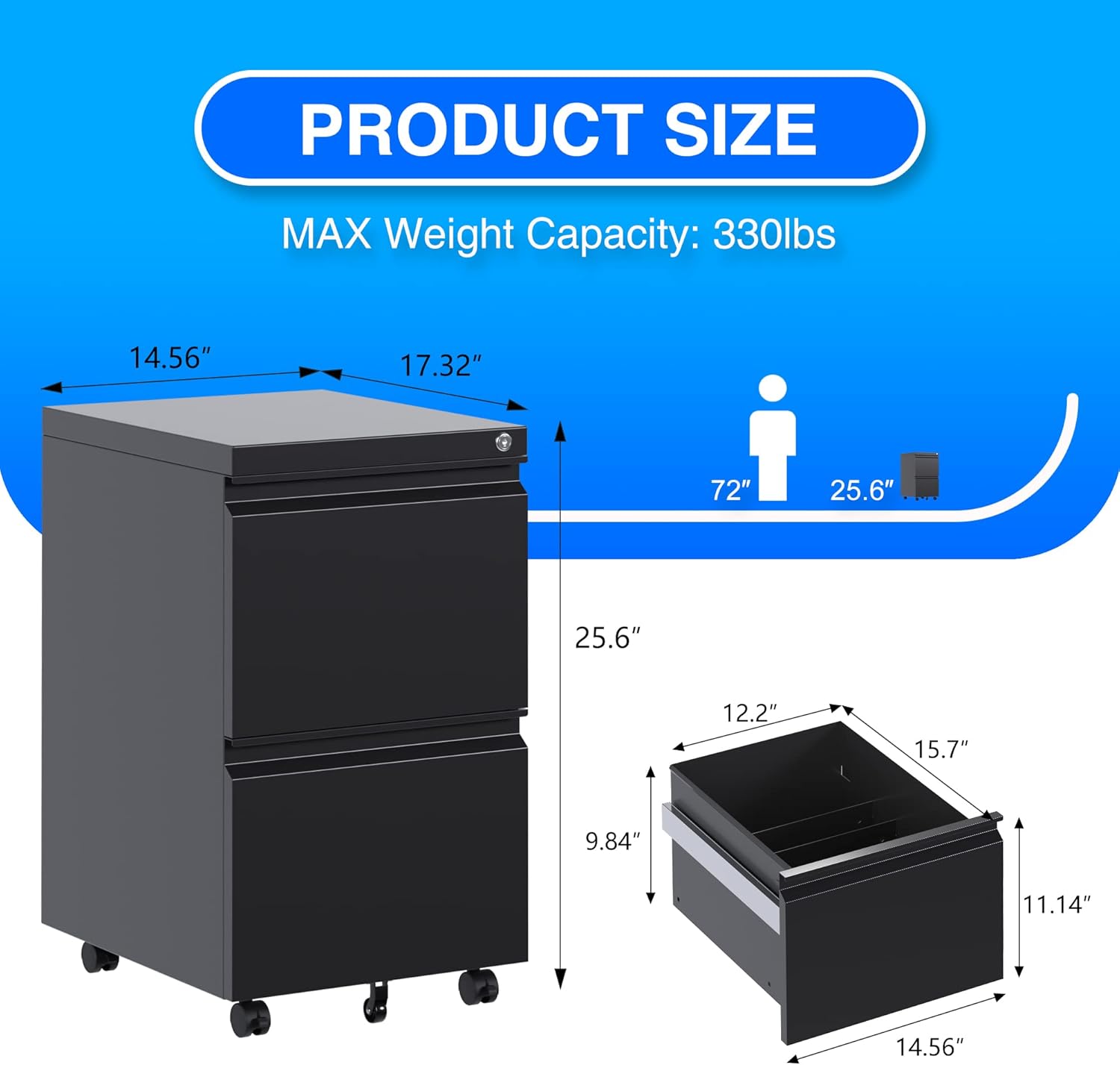 METAN Fully Assembled 2 Drawer File Cabinet with Lock, Mobile Under Desk Filing Cabinet for Office Legal/Letter Size, Pre Assembled Except Wheels,Black - Image 3
