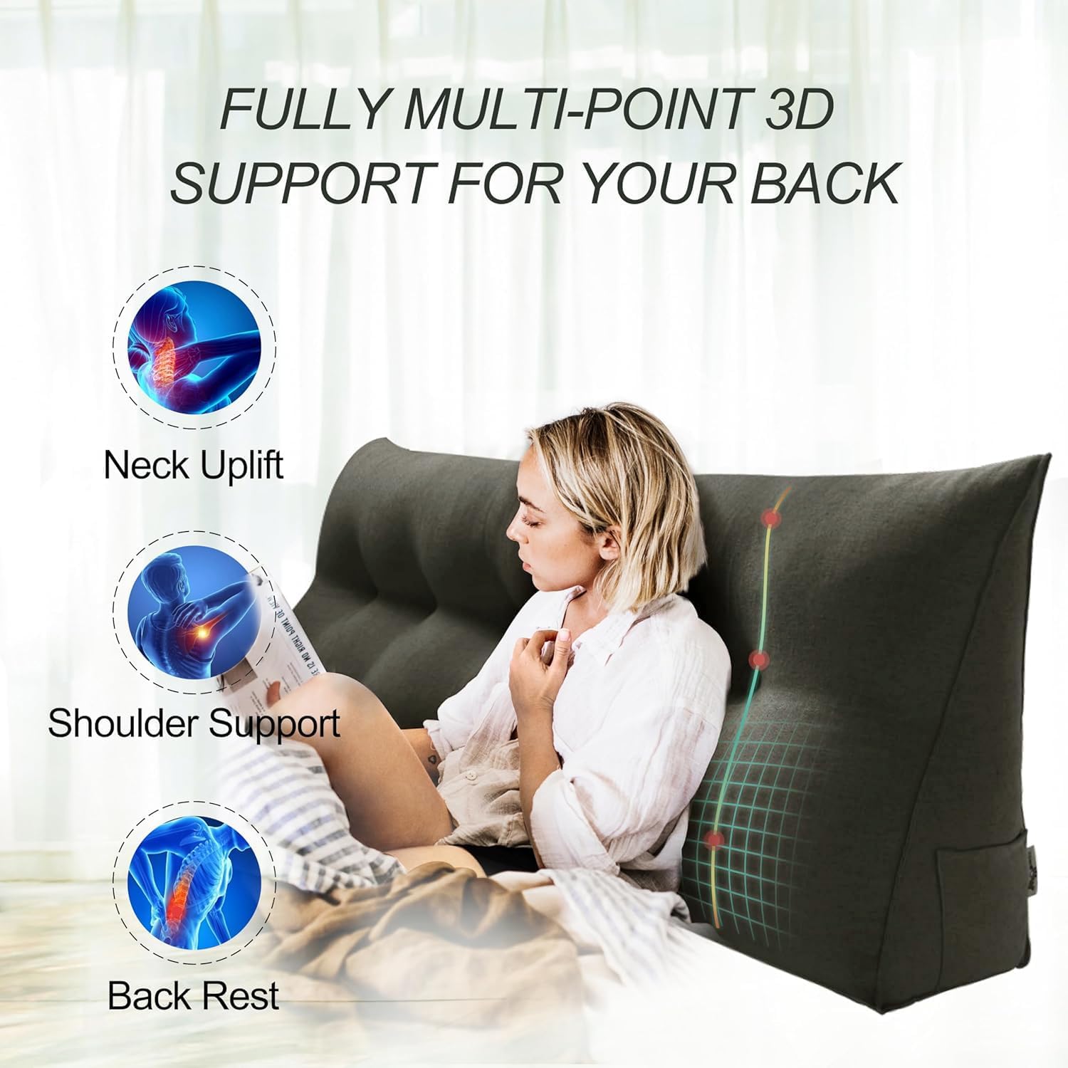 wowmax 80% cotton & 20% linen blend headboard pillow – king size reading wedge backrest for bed, handmade firm support bolster cushion with removable cover, premium bed rest pillow, deep gray king deep gray