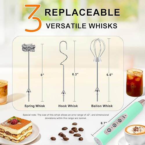 Miniatura 3 de YUSWKO - Espumador de leche recargable USB de mano con 3 cabezas, mini mezclador eléctrico de bebidas con 3 velocidades para latte, cappuccino,