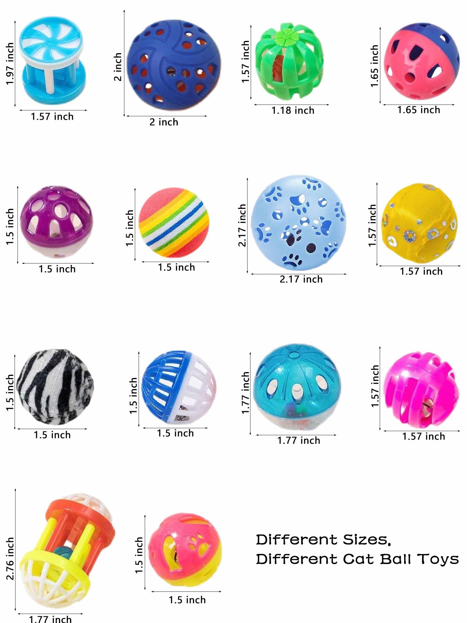 HEUHAI 10 Colorful Sturdy Cat Toy Balls with Bells, Fun Interactive Play for All Cats & Kittens, Assorted Styles and Sizes (1.5'' - 2.2'', Cat Toys Mega Set)