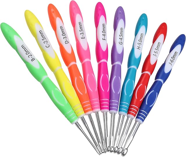 Aeelike Crochet Hooks Set, Crochet Hooks Sets Soft Grip for Arthritis, Ergonomic Extra Long Rubber Handle Crochet Hook for Arthritis Hands, 9 Pack 2.0-6.0mm TPR Aluminium Crochet Needles for Beginners