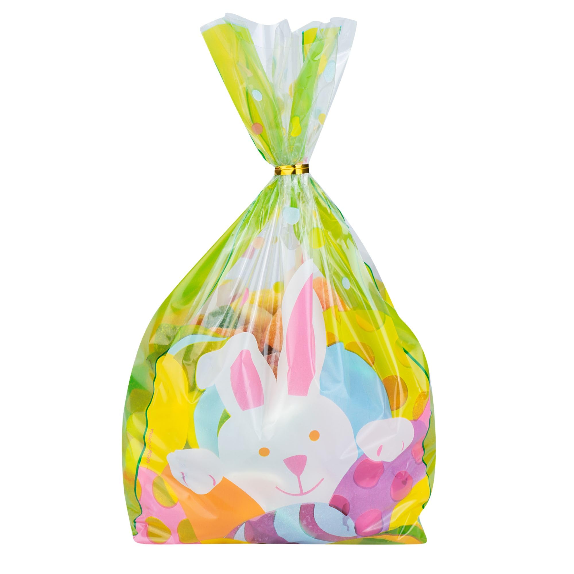 Restaurantware Bolsas de dulces Bag Tek de 5 x 3 x 11 pulgadas, 100 bolsas de dulces impresas con fuelle – Conejo de Pascua, lazos giratorios se venden por separado, bolsas de plástico para caramelos
