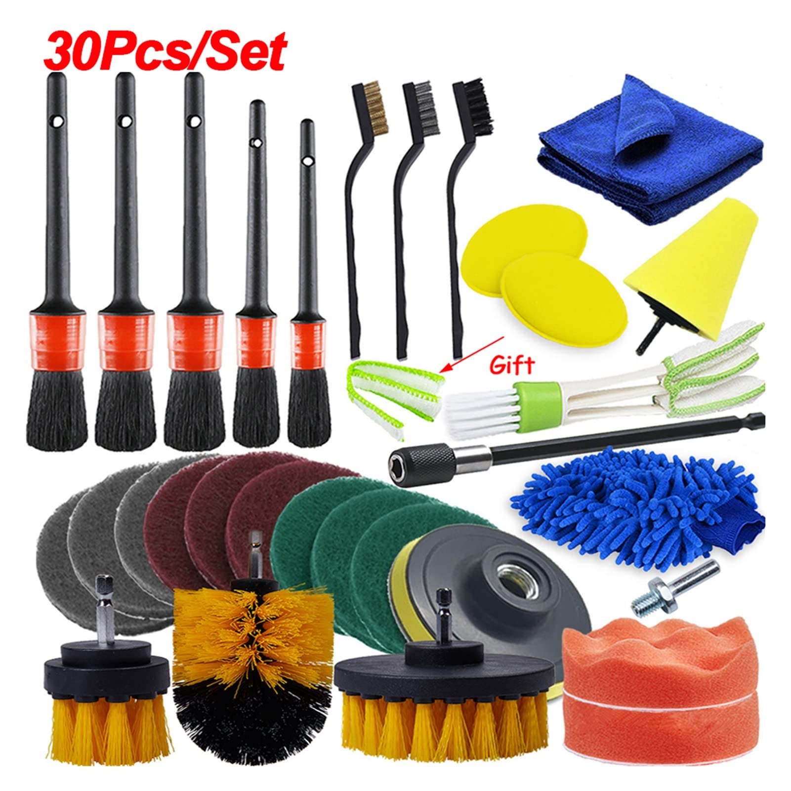 30-teiliges Auto-Detailing-Pinsel-Set, kompatibel mit Auto-Lüftungsschlitzen, Schaumstoff-Polierpad, Auto-Reinigungsbürste (Rosso)