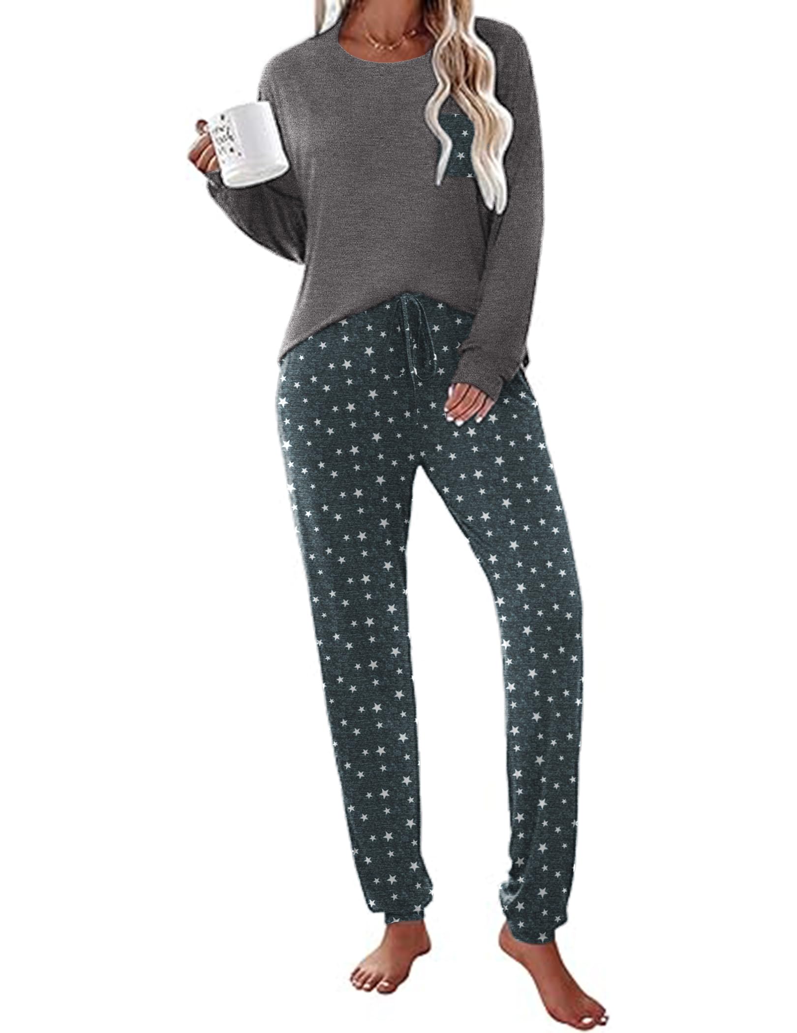 Ekouaer Womens Pajamas Set Long Sleeve Christmas PJ Sets Soft Lounge Set for Women Sleepwear Joggers with Pockets