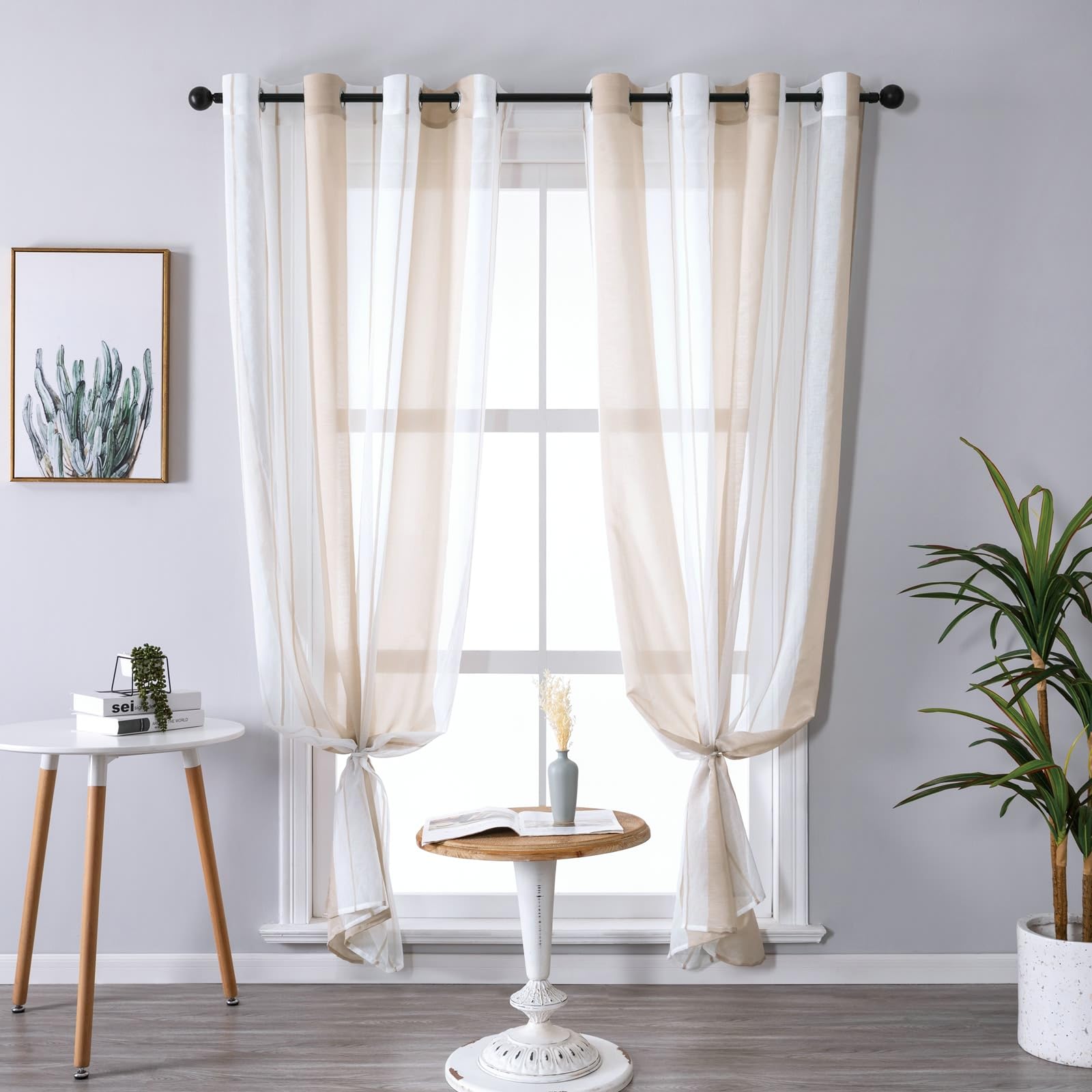 Transparente Voile Vorhänge Beige mit Ösen, Polyester Vorhänge Elegant Kurz 2 Stück für Schlafzimmer, H244 x B102 cm