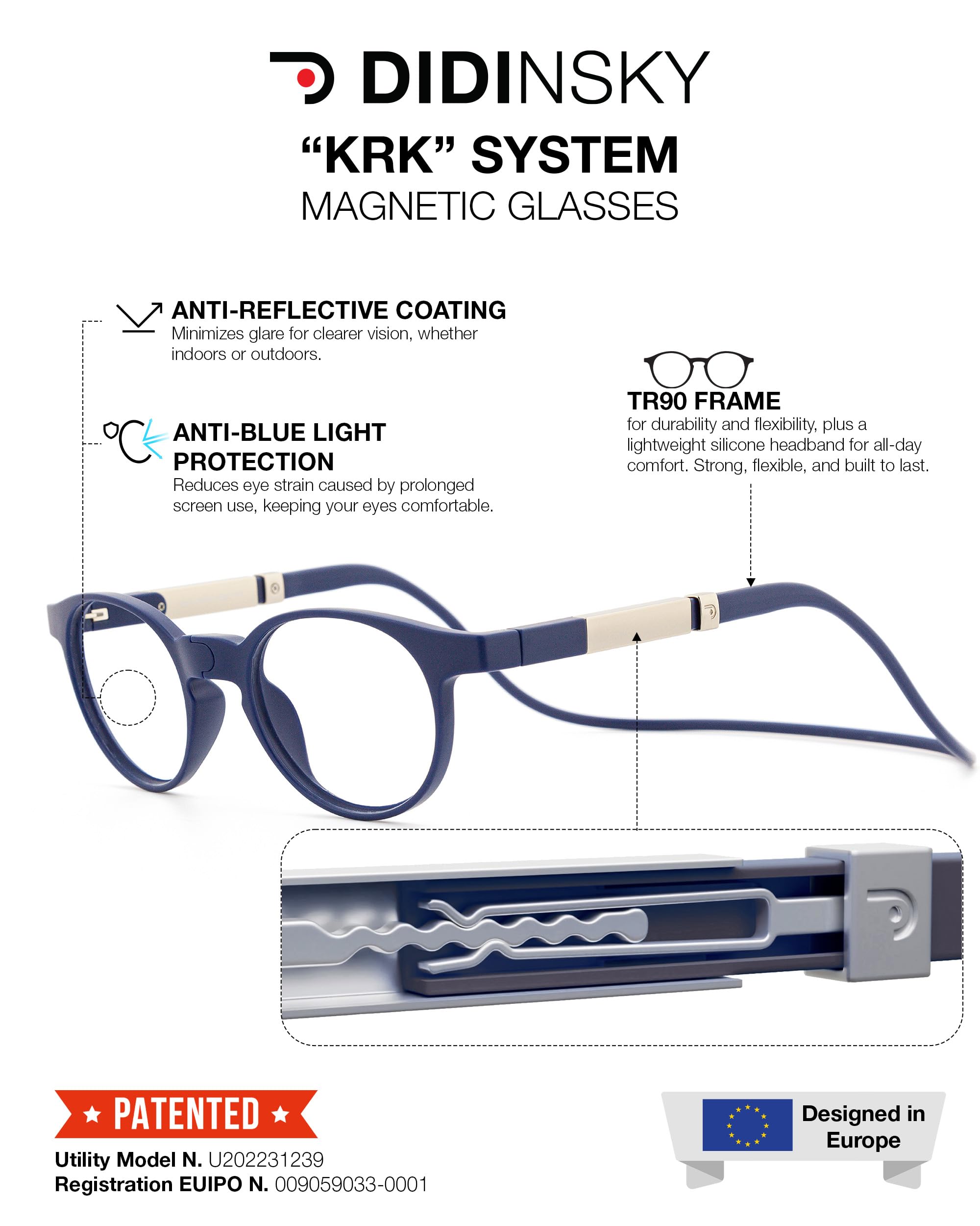 DIDINSKY Krik Occhiali da Lettura Magnetici, Anti Luce Blu | Chiusura magnetica frontale · Per leggere da vicino · Anti luce blu · Ingrandimento +1.0 a +3.0 · Custodia inclusa