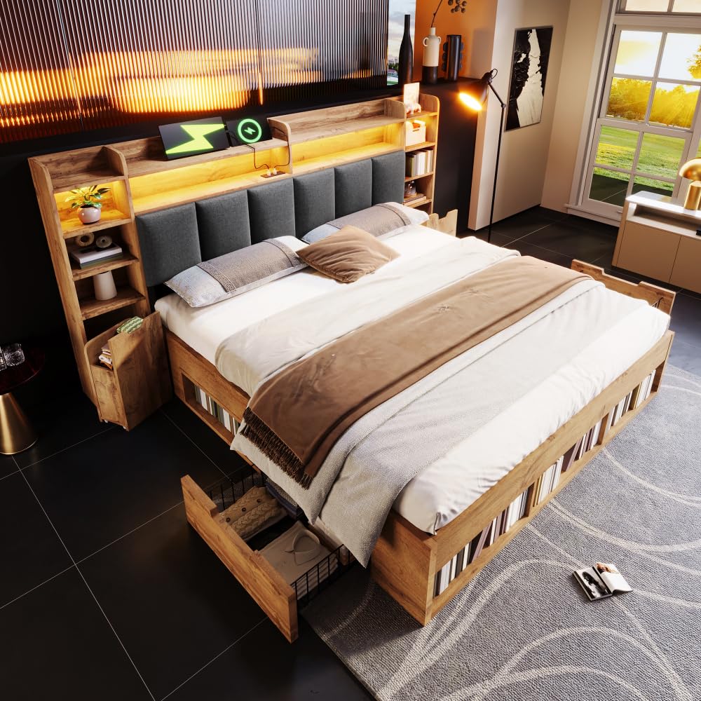 Cama de 180 x 200 cm con cajones, iluminación LED, puertos USB y Type-C, cama de 180 x 200 cm con somier de láminas de madera, estructura de cama de matrimonio con almacenamiento, roble, cabecero