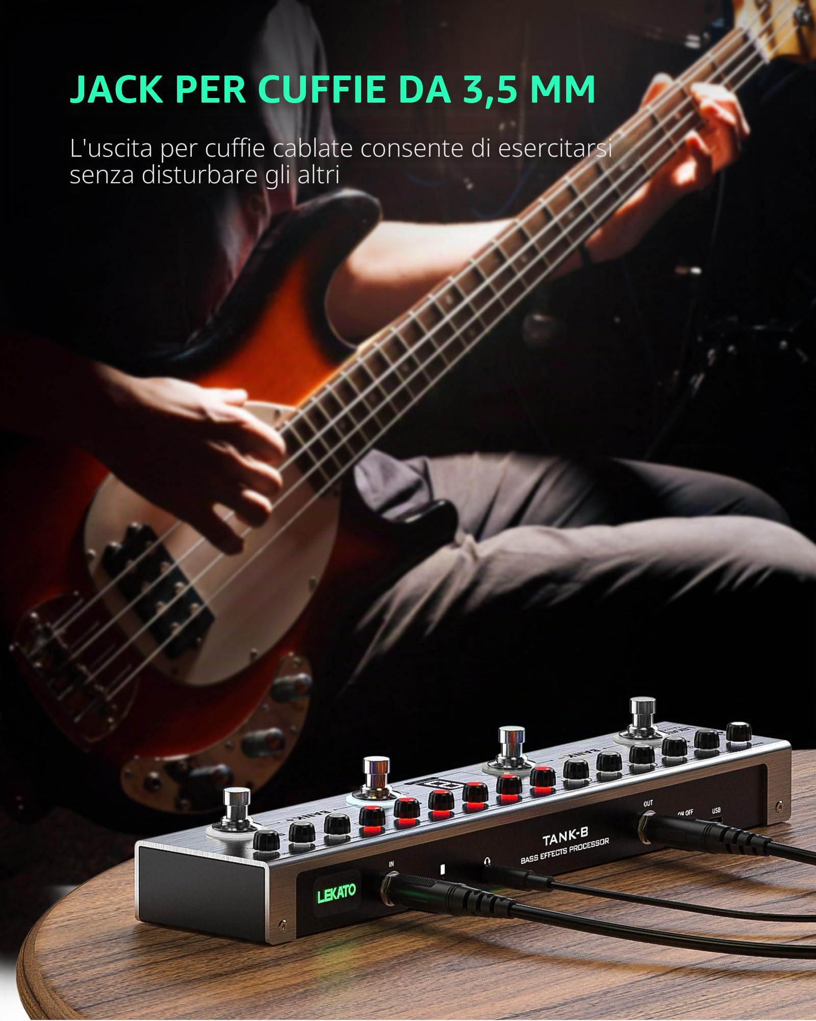 Pedale multieffetto per basso LEKATO con 36 preset, 4 moduli, amplificatore, compressore, mod, riverbero, IR CAB, sintonizzatore, connessione BT, registrazione, controllo app(Il basso)