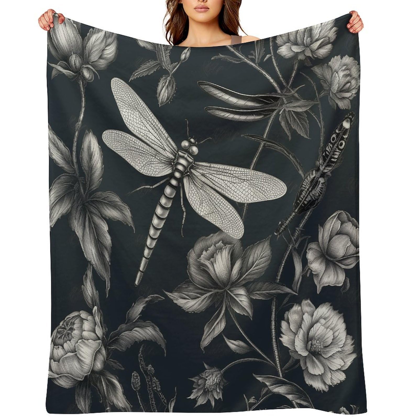 Black Flowers and Dragonfly Throw Blanket for Couch and Bed Super Soft Warm Lightweight Throw Blankets Cozy Fuzzy Flannel Blanket Personalized Decorative Blankets for Sofa Decor 30"x40"
