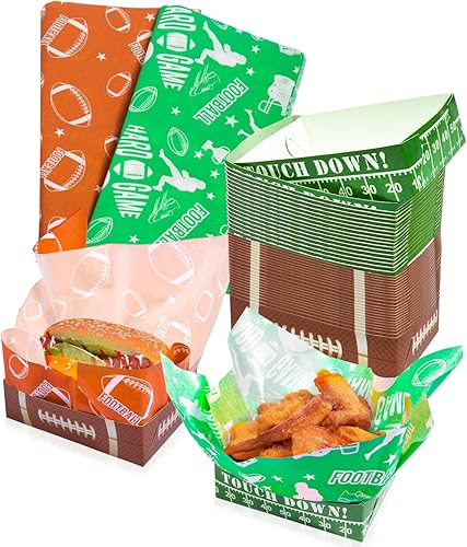 YAYIP Paquete de 50 bandejas de papel desechables con estilo de fútbol, bandejas para nachos y bandeja para perros calientes con papel de
