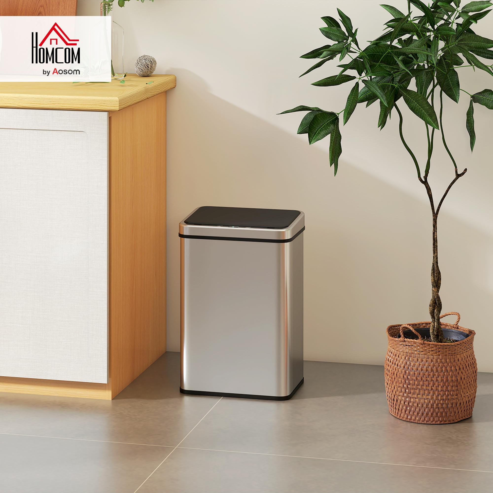 HOMCOM Sensor Mülleimer 40L Edelstahl Automatischer Mülleimer Silber | Soft-Close-Deckel, Bewegungssensor, Fingerabdrucksicherer Abfalleimer, Müllbehälter, für Büro Schlafzimmer Küchen