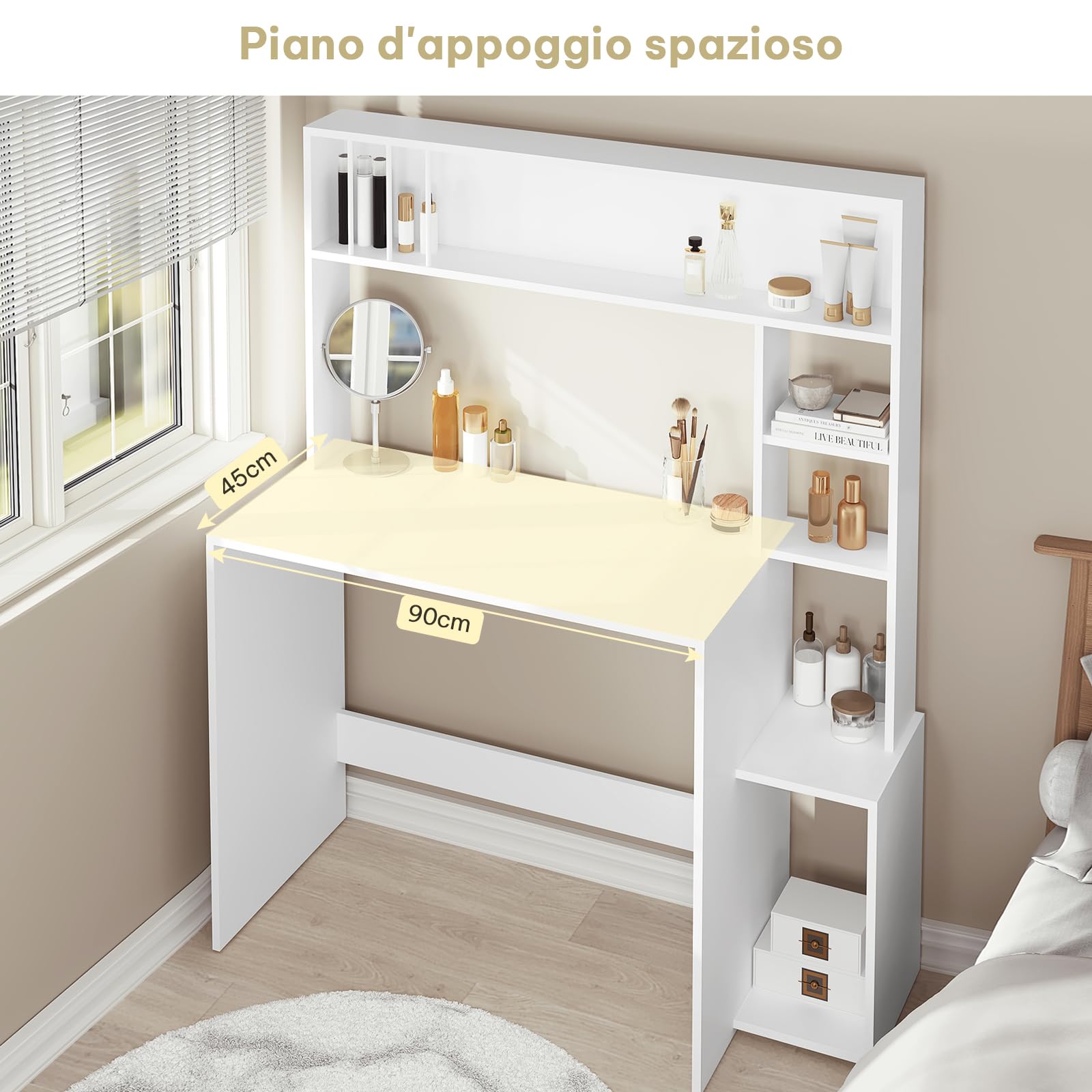 eSituro Tavolo per Computer con Libreria, Scrivania con 5 Ripiani, Scrivania per Bambini, Camera da Letto, Ufficio, Bianco, 113,5x45x139 cm