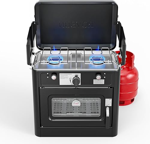ROVSUN Estufa de camping portátil 2 en 1 y horno de propano con encendedor piezoeléctrico, estufa de 2 quemadores y horno al aire libre con fuego