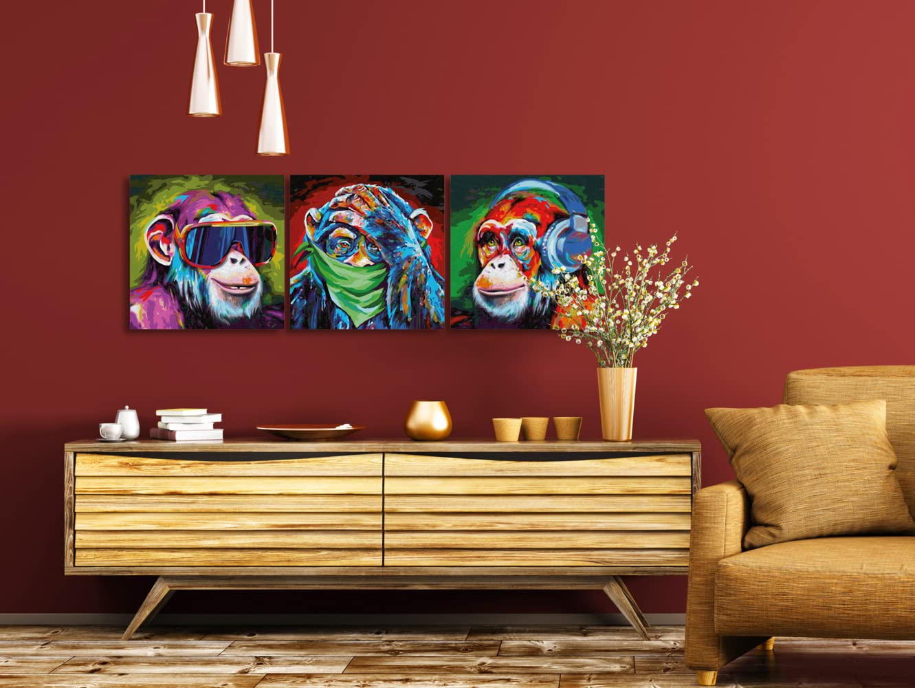 Schipper 609470859 Peinture par numéros Les Trois Singes - Images pour Adultes - avec pinceaux et peintures acryliques - 40 x 120 cm