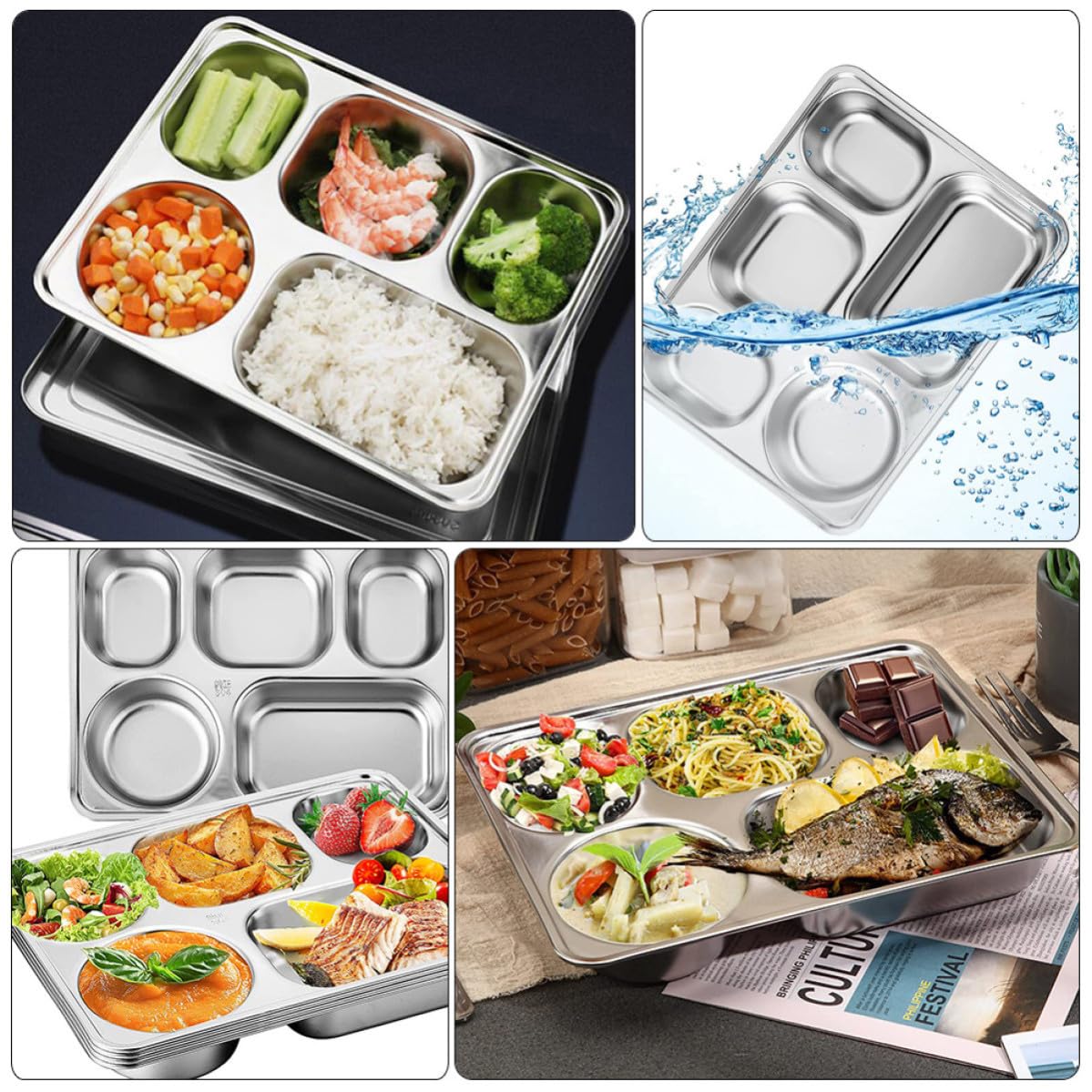Assiette à Portion en Acier Inoxydable, Lot de 3, Rectangulaire Argenté | Plateau Repas Garçon et Filles Inox, Compartiments Séparés, Stable et Réutilisable, pour Pique-Niques et Hôtel