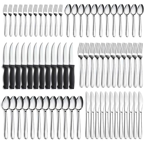 Pleafind 72-Pieces Silverware Set for 12, Flatware Set with Steak Knives, Stainless Steel Cutlery Set, Include Forks Spoons and Knives Set, Dishwasher Safe Utensil Sets for Home Restaurant