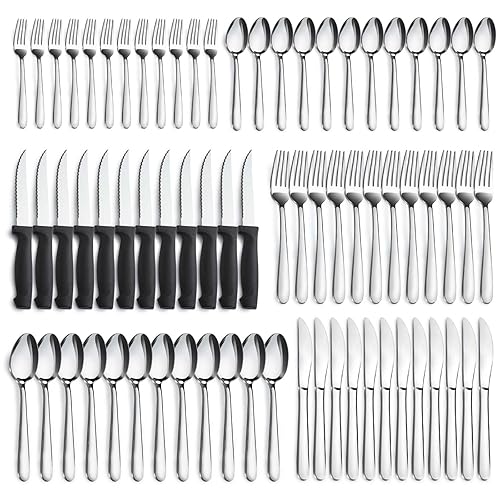 Pleafind 72-Pieces Silverware Set for 12, Flatware Set with Steak Knives, Stainless Steel Cutlery Set, Include Forks Spoons and Knives Set, Dishwasher Safe Utensil Sets for Home Restaurant