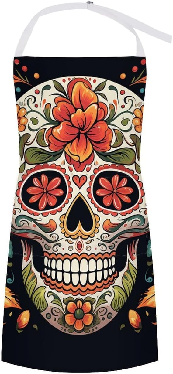 Colorful Sugar Skull Bib Apron with Pocket for Men Chef, Kitchen Cooking Aprons for Women, Adjustable Neck Long Ties Cook Baking Apron for BBQ Crafting Outdoors, Dining Room Server