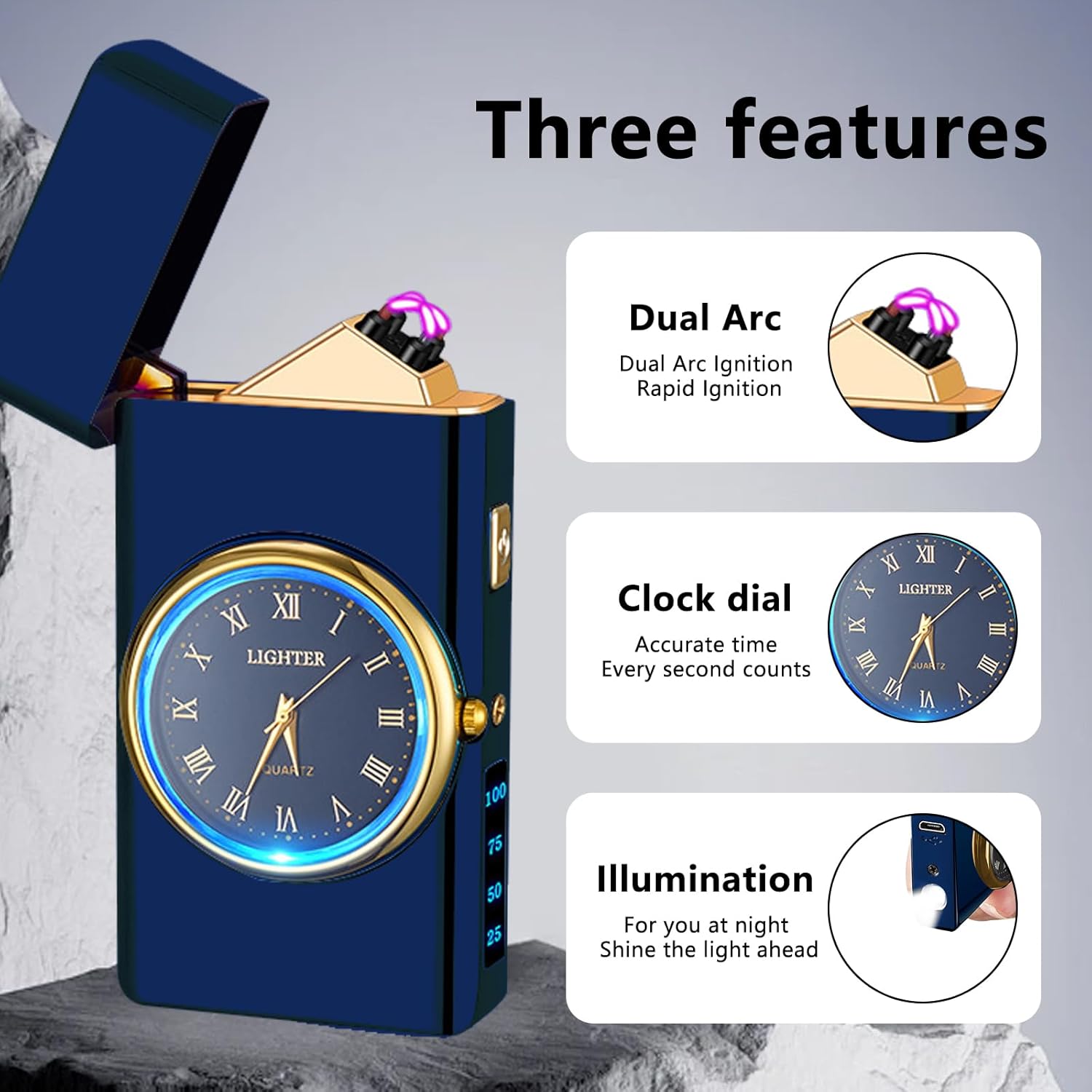 USB Rechargeable Windproof Lighter with Dual Arc Flame, LED Light, Cool Display, Durable Design – Ideal for Camping, Hiking, BBQ, and Gifts|(Blue)