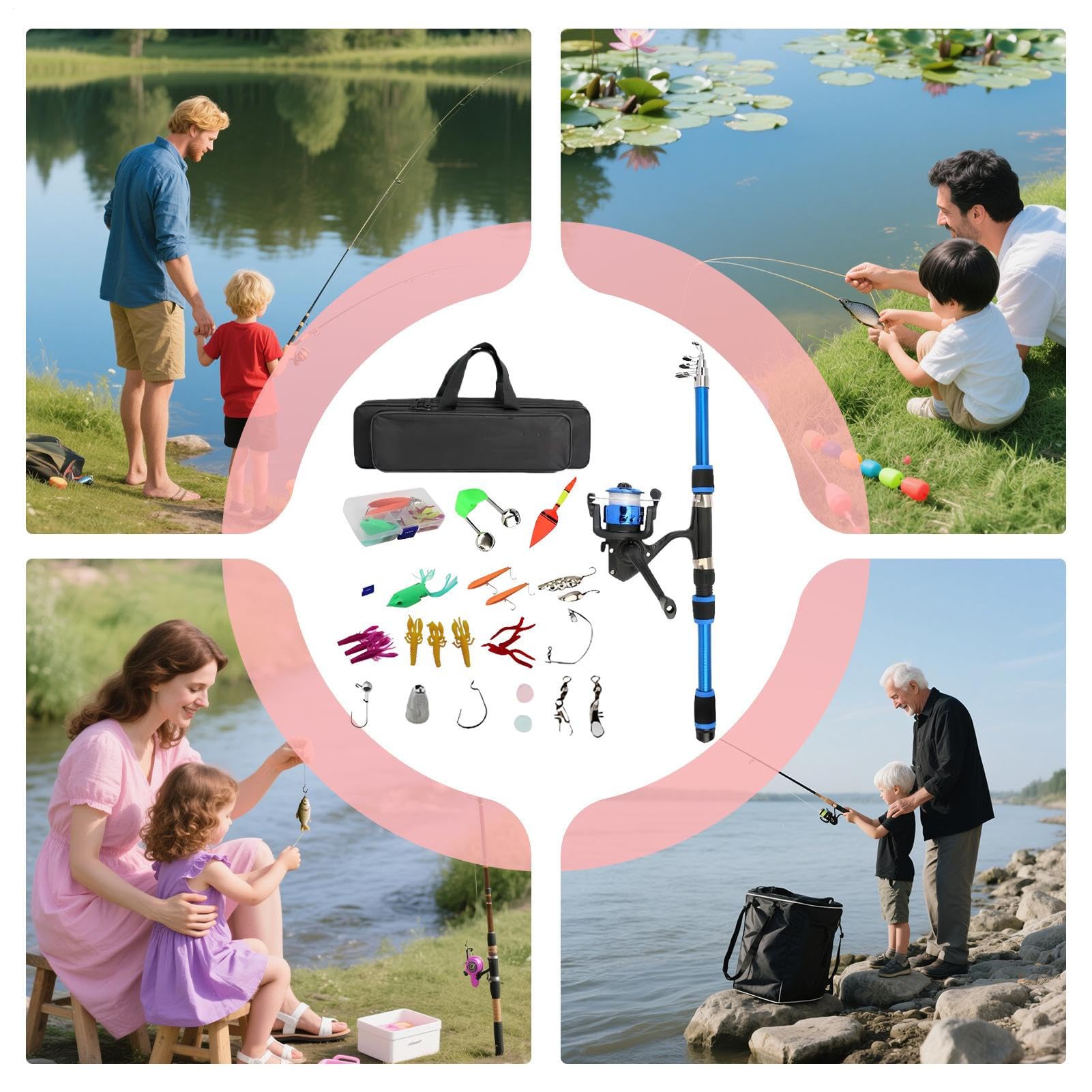 Kit De Pêche Enfant – Canne Télescopique 2,1 M Avec Moulinet, Leurres, Boîte à Appâts Et Sac De Transport – Bleu