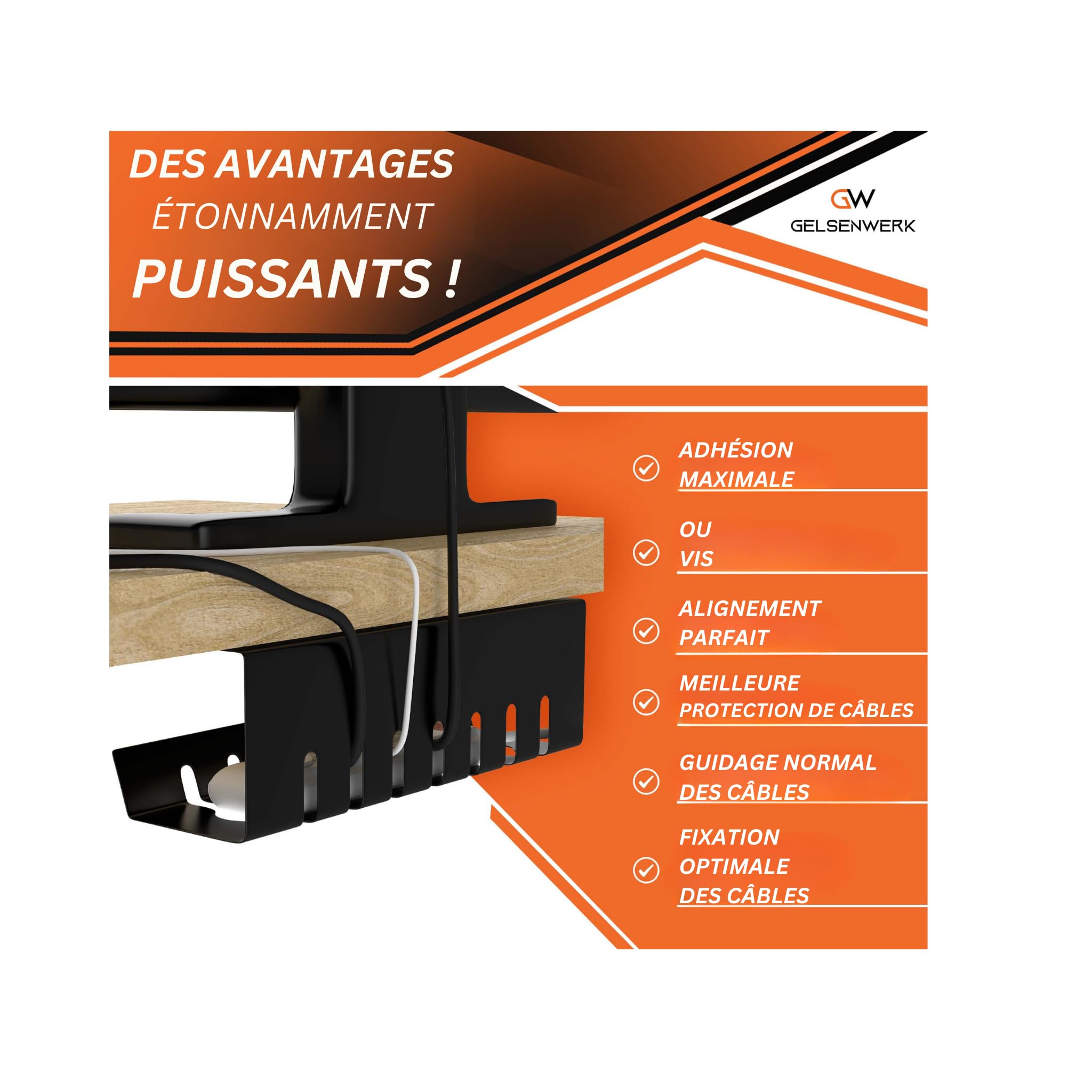 Set De 2 Conduites De Câbles Gelsenwerk® Noir sans Perçage - Support 43x12x12cm avec Tuyau De Câble - Chemin pour Gestion Câbles Lieu De Travail Et Ordre Bureau