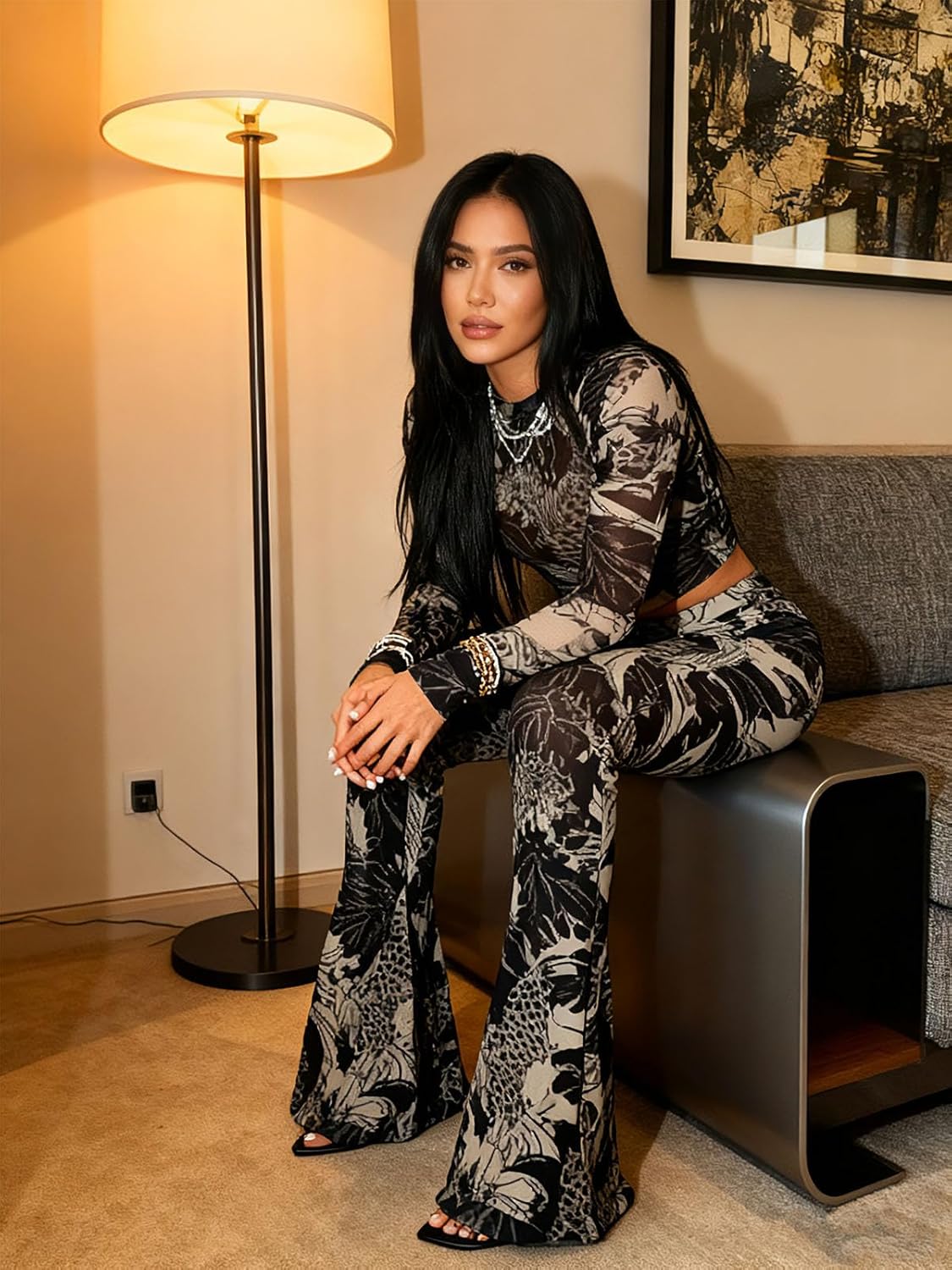 Women Two Piece Leopard Print Pant Sets Mesh See Through Tops Bodycon Long Pants Y2K Club Outfits Jumpsuits - Image 2