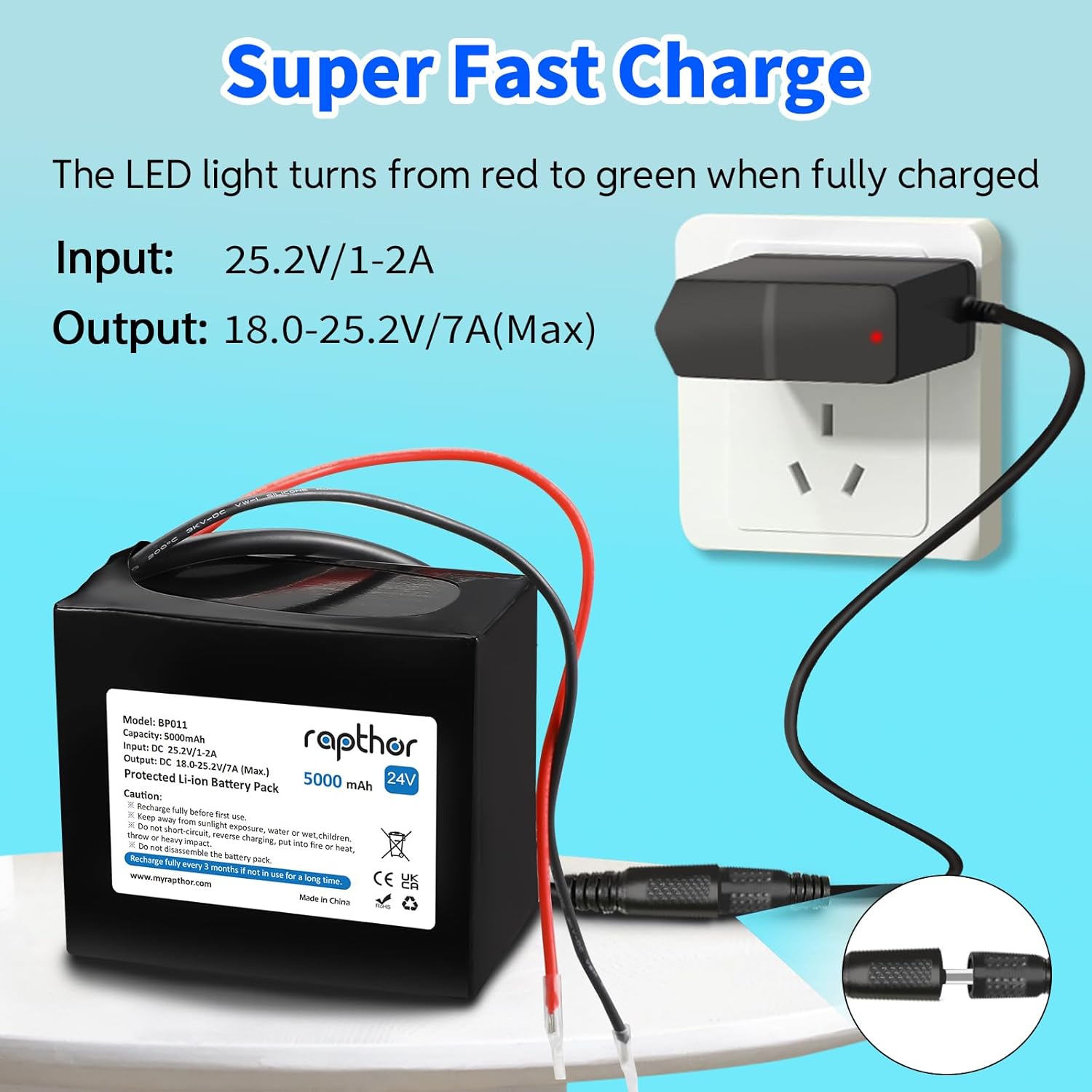 rapthor 24V 5000mAh Rechargeable Lithium ion Battery Pack 24 Volt 5Ah with 25.2V 1A Charger for DIY Projects - Image 3