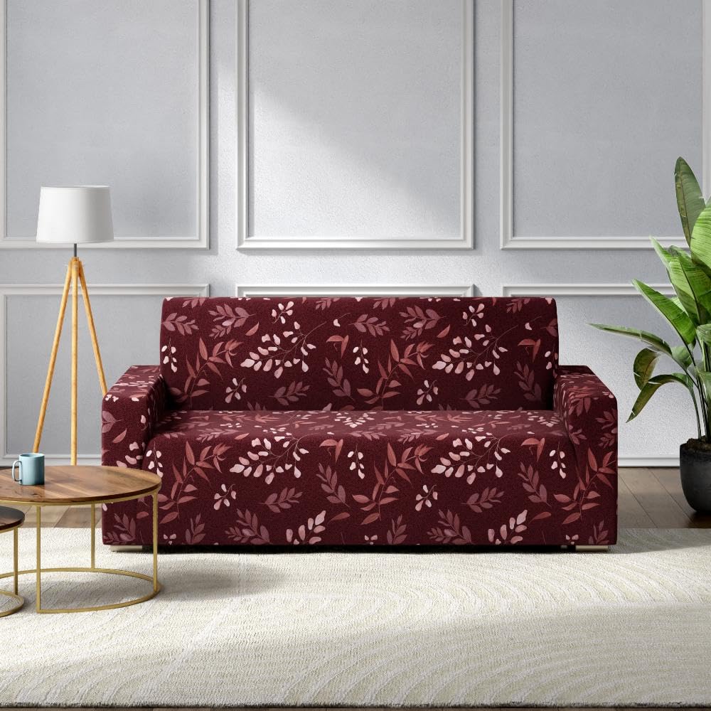 Wakefit Printed 2 Seater Sofa Cover | Elastic Stretchable Sofa Slip Cover | Double Seater Sofa Protector | Denim Flora,Maroon