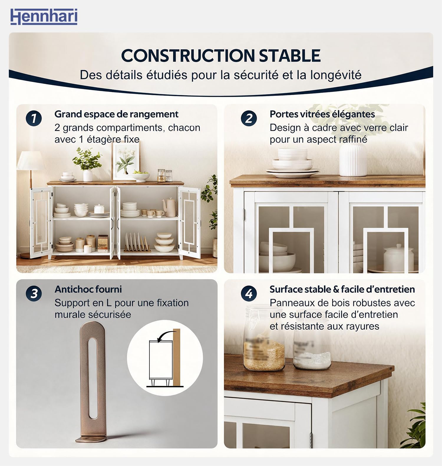 Buffet Bas de Rangement avec Portes Vitrées, Meuble Vaisselier Moderne Finition Bois, pour Cuisine, Salon et Salle à Manger, Système Anti-Basculement (Blanc)