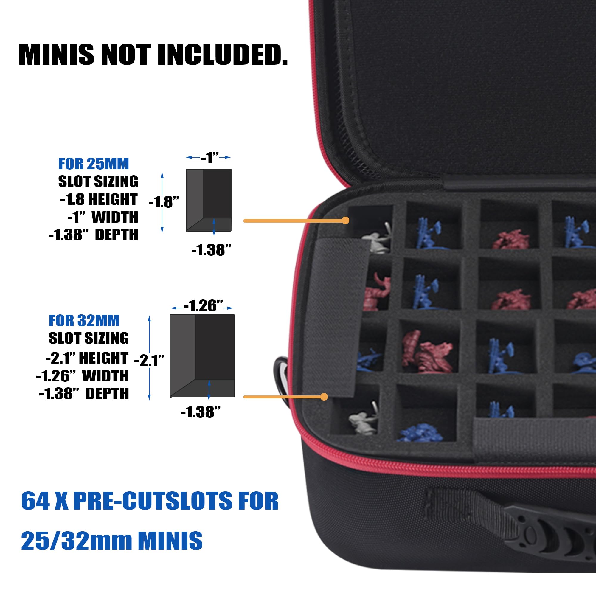 Estuche de transporte en miniatura con 64 ranuras con bandejas de espuma de doble capa que absorben los impactos para Warhammer 40k, DND y más, funda con correa de hombro ajustable y bolsillo con