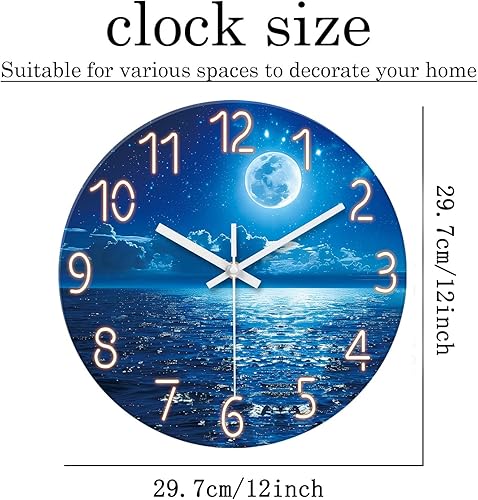 Miniatura 6 de XFM Reloj de pared azul con pilas, 12 pulgadas, luna, océano, cristal, silencioso, sin tictac, moderno, decorativo, para cocina, dormitorio,