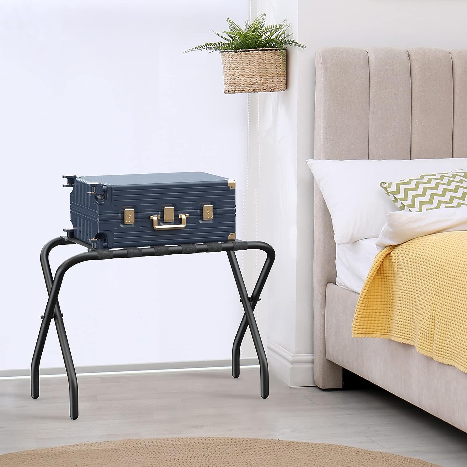 Set di 2 portavaligie pieghevoli con ripiano in metallo, 68 x 38 x 50 cm, portavaligie pieghevole in nero per borse e valigie, portavaligie adatto per camera, albergo
