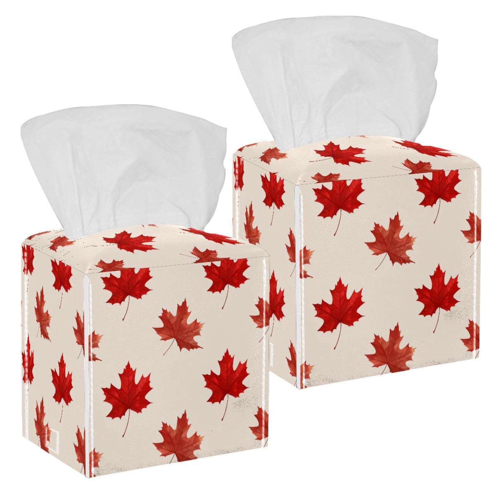 Red Maple Leaf Tissue Box Cover, 2 Pack PU Leather Square Facial Tissue Dispenser Box holder for Home Office Car