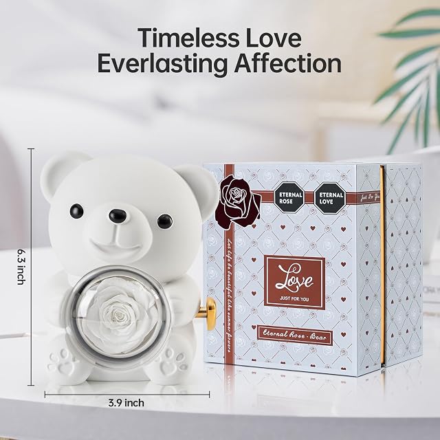 Foto 5 de 7 de Ariceleo Blanco Oso de Peluche Romántico con Rosa Preservada, Rosa Real en el Oso, Caja de Regalo Elegante