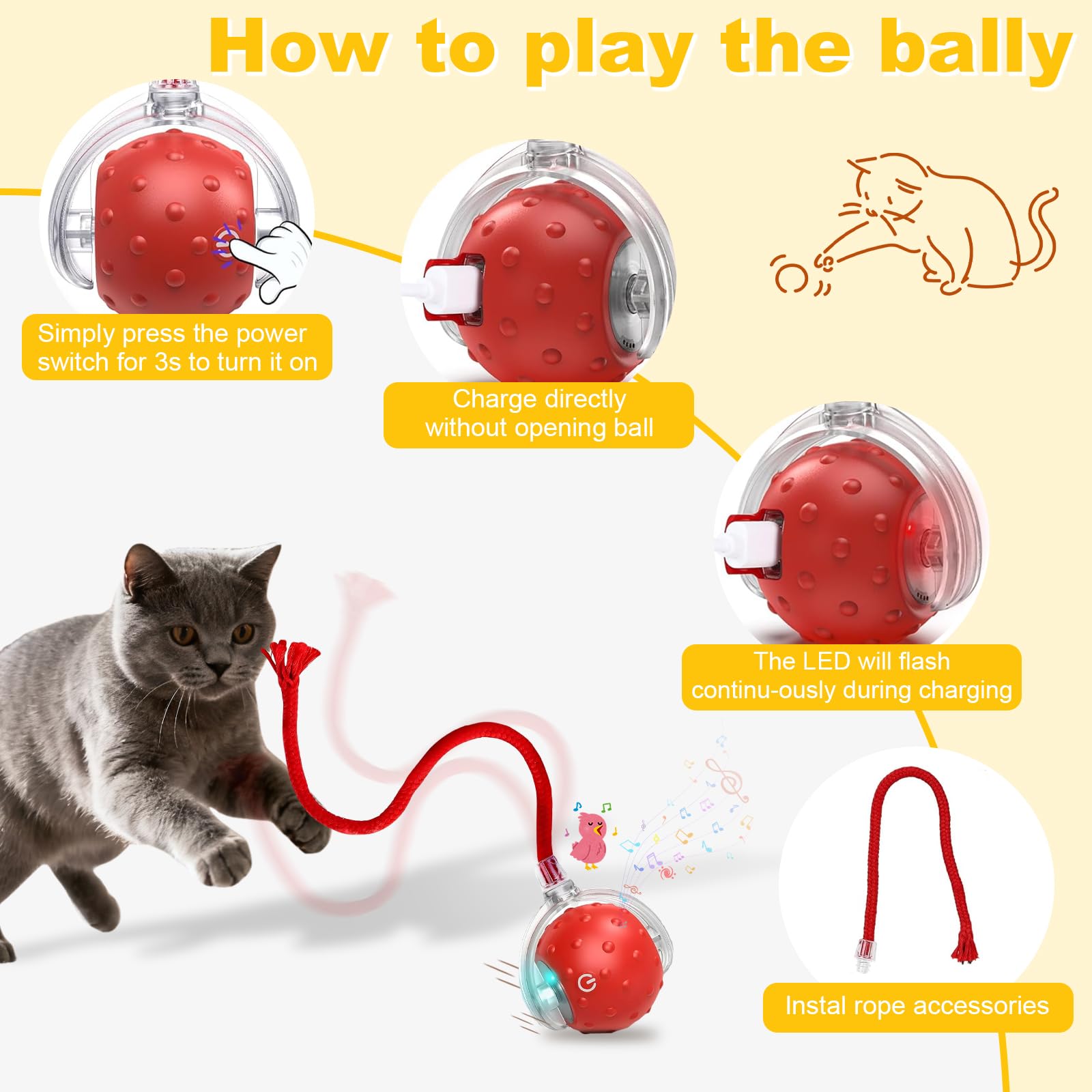 Balle interactive pour chat et chien d'intérieur, jouet automatique pour chat avec évitement intelligent des obstacles, rejets d'oiseaux et réveil automatique, comprend 4 ressorts en spirale