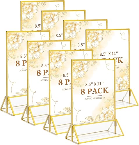 AOVEK Paquete de 8 soportes acrílicos de 8.5 x 11 pulgadas con borde dorado, para exhibición de folletos de documentos de oficina, soportes de menú