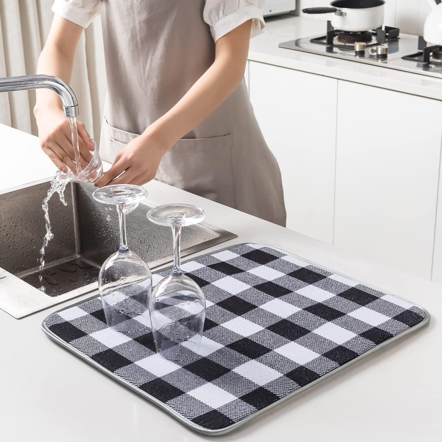 Dwustronne maty do suszenia naczyń z mikrofibry super chłonne podkładki do suszenia naczyń na blacie kuchennym 40 cm x 45 cm czarno-biały wzór siatki