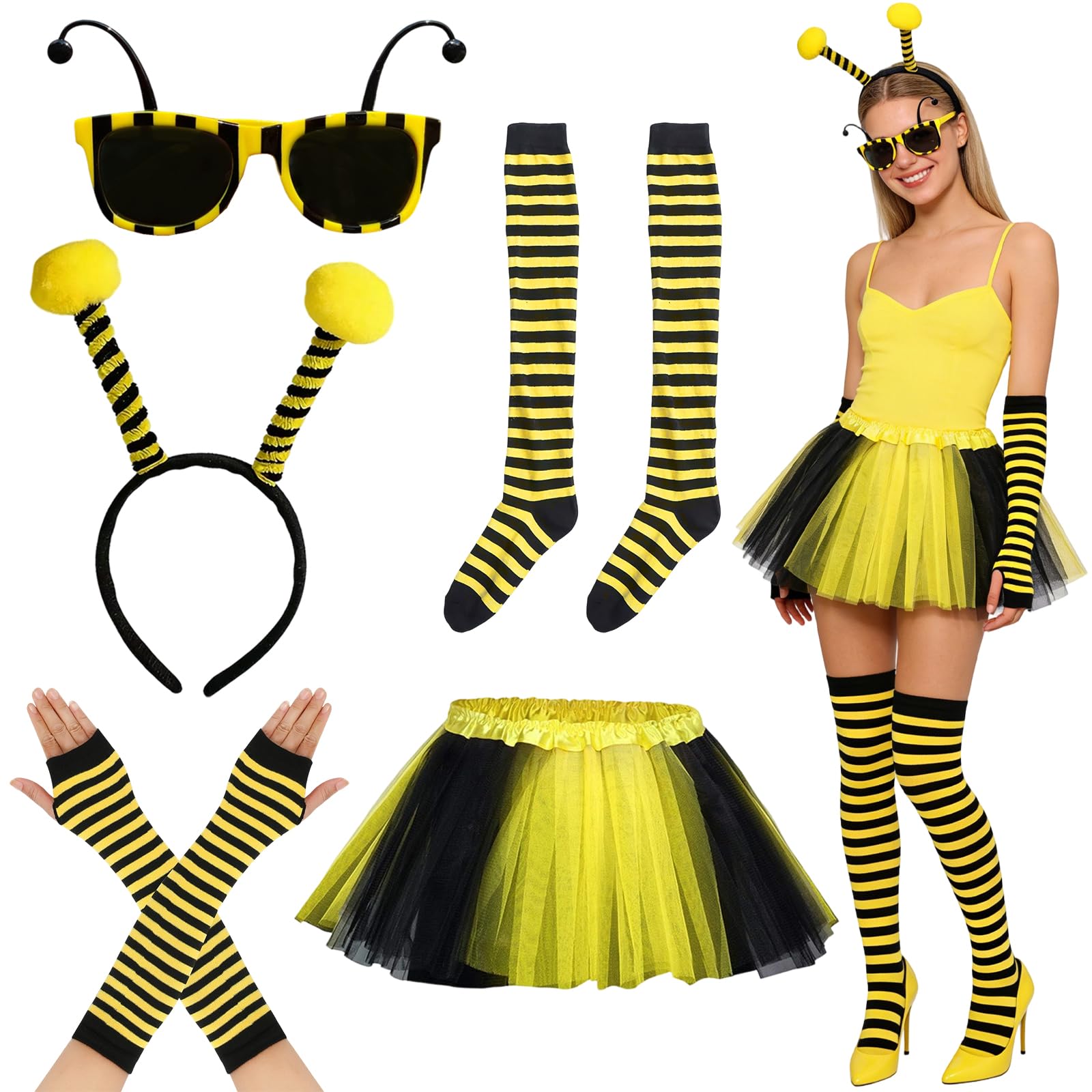 Eymobad Disfraz de abeja para mujer y adulto, disfraz de abeja para mujer, falda de tul, diadema de abeja, calcetines a rayas por encima de la rodilla, guantes, gafas, disfraz para carnaval y fiesta