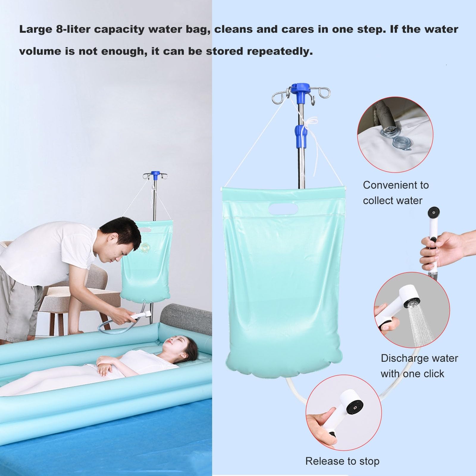 NICHOY Lettino da Bagno Gonfiabile per Assistenza domiciliare per Anziani e disabili,con gonfiatore Elettrico, Borsa da Doccia di Grande capacità da 8 Litri(Blue)